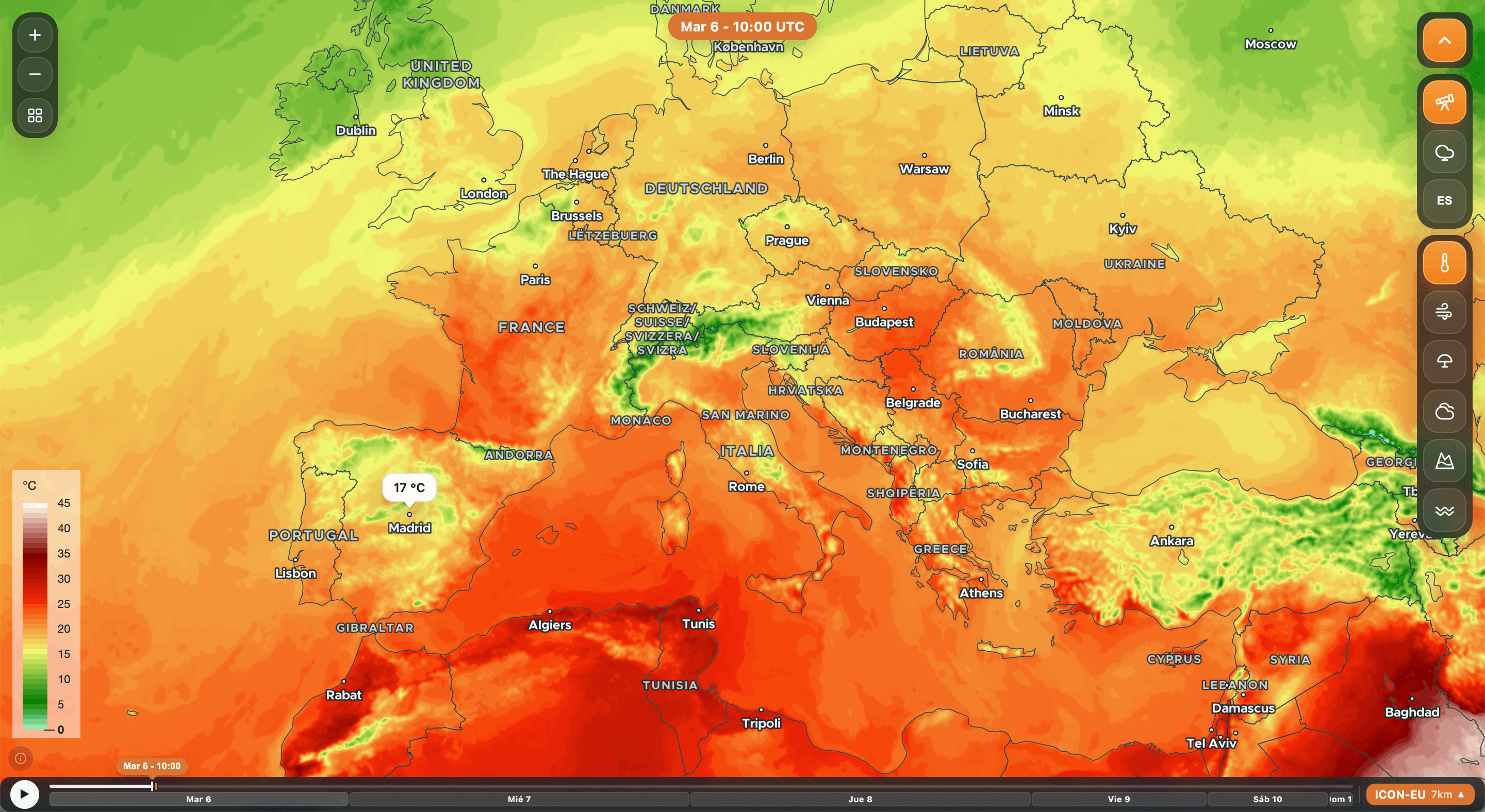 Mapa del tiempo con el menú abierto: variables a la derecha, escala de colores a la izquierda, controles de tiempo abajo