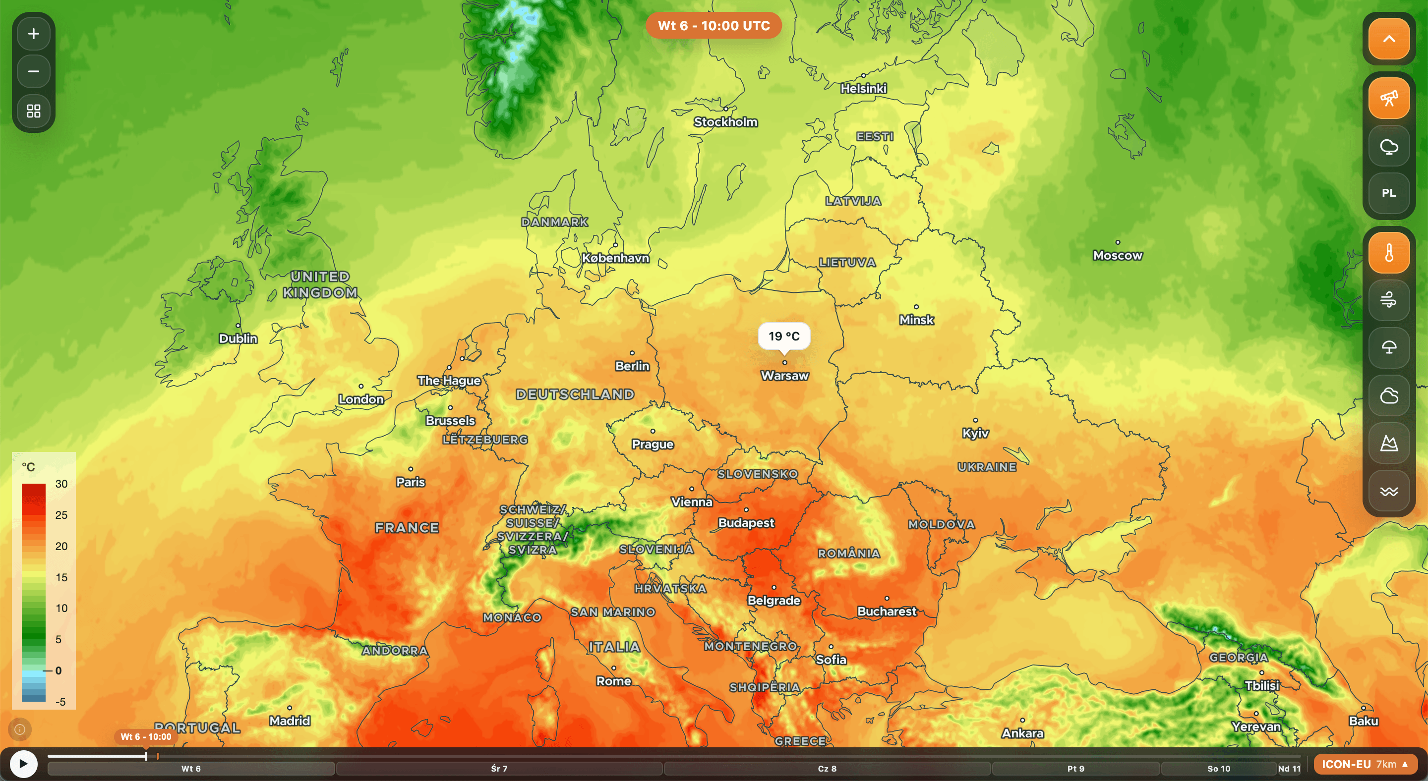 Mapa pogody z otwartym menu: zmienne po prawej stronie, skala kolorów po lewej, sterowanie czasem na dole